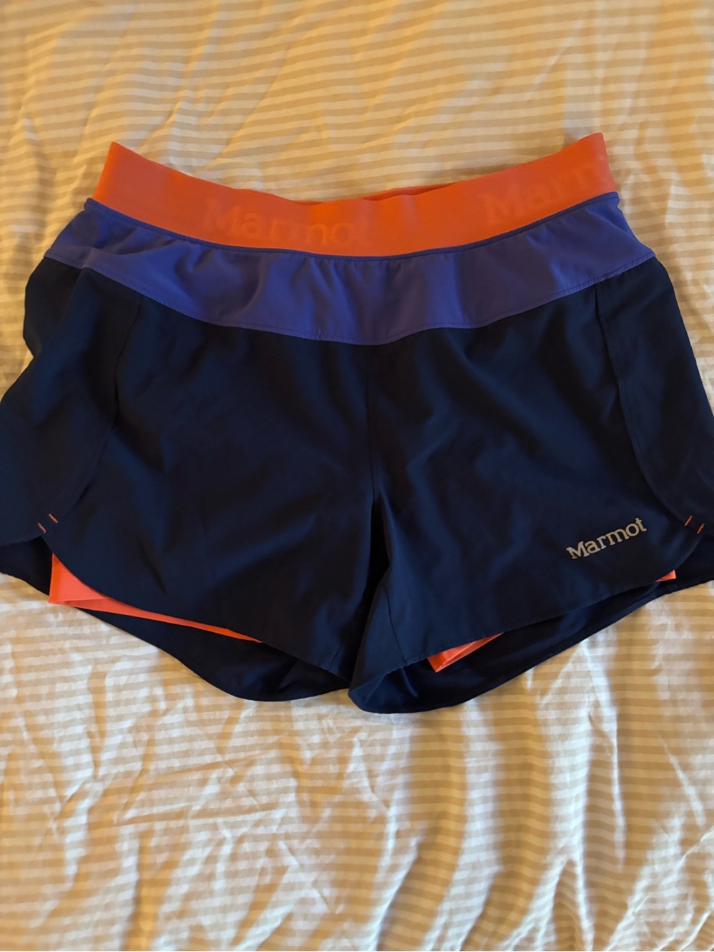 Marmot Women's Navy Athletic Shorts with Orange Waistband and Purple Trim
